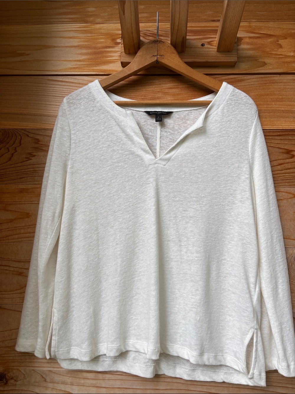 Banana Republic Linen Blend White Long Sleeve Split Neck Top Size Small